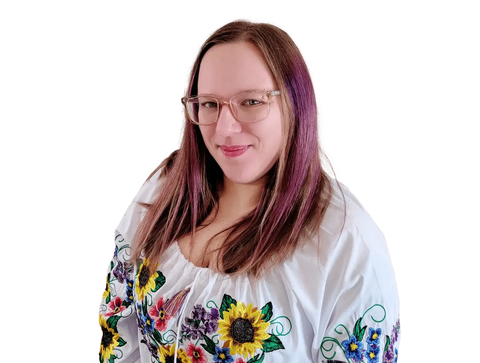 a woman wearing Ukrainian folk shirt and glasses - Artesia WebCraft CEO