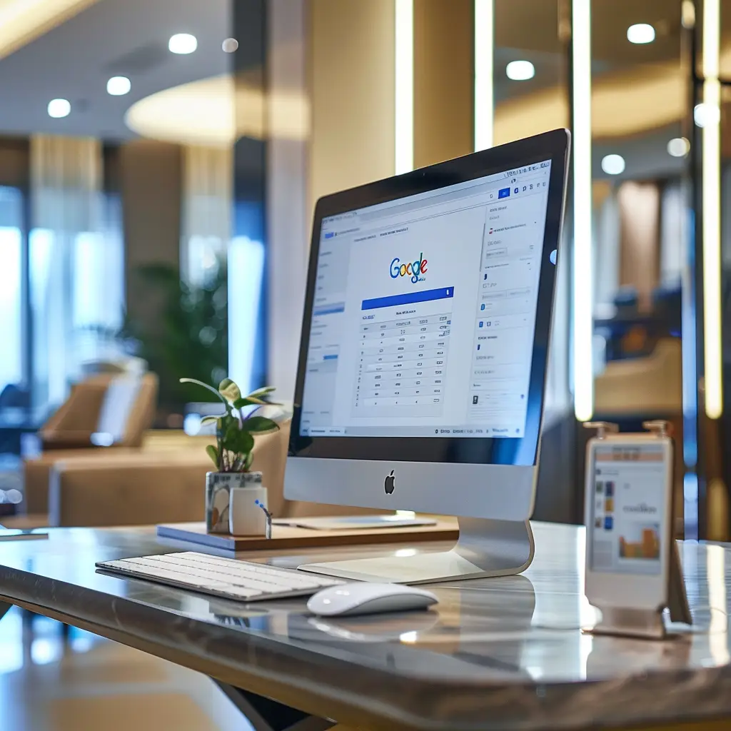 A computer screen displaying Google Analytics in a modern hotel lobby, showing what is SEO and how does it work.