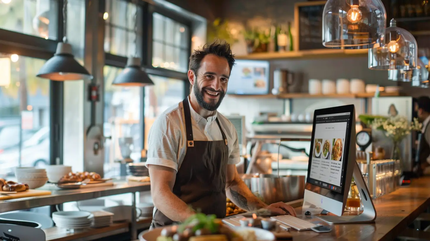 A smiling restaurant owner standing behind the counter managing online orders on a computer, illustrating how does search engine marketing work.